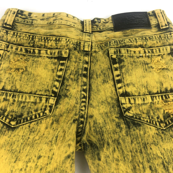 12am Nation Mens Distressed Denim Shorts Size 34 Mustard Yellow Black Acid Wash - Picture 10 of 15